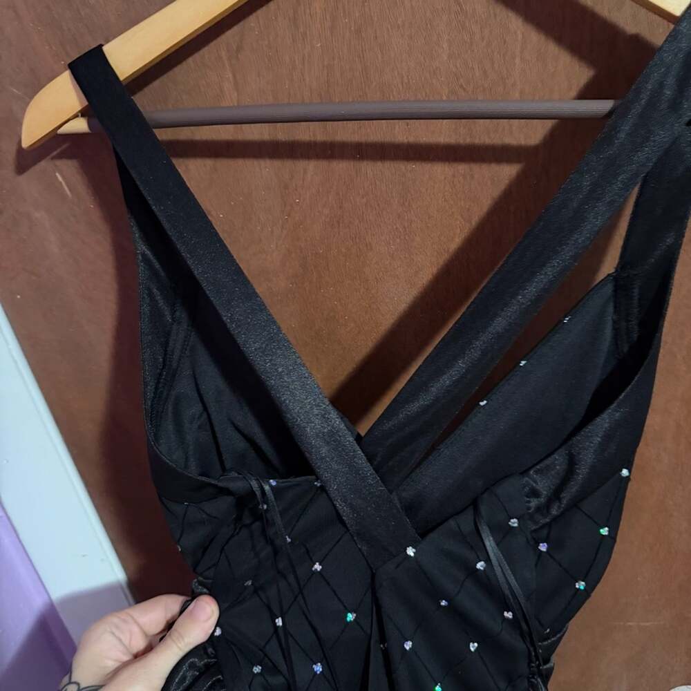 Y2K Black Rhinestone Satin Babydoll Top Size 10P McBling Whimsygoth Vibes - Picture 4 of 6